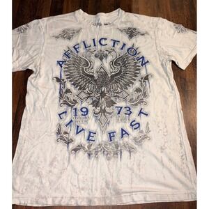 Affliction Live Fast Eagle Cross Graphic T-Shirt White Blue Burnout Mens Medium